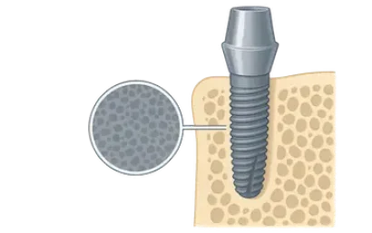 Implante osteointegrado en el hueso maxilar mostrando el proceso de osteointegración