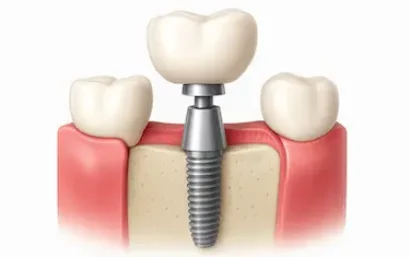 Implante dental con corona de porcelana sobre pilar metálico en encía rosada, diseño 3D