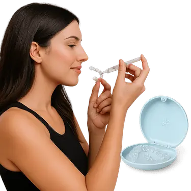 Paciente aplicando gel blanqueador en férula dental para blanqueamiento en casa en Madrid