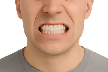 Hombre apretando los dientes con gesto de tensión, ejemplo de bruxismo y sobrecarga mandibular