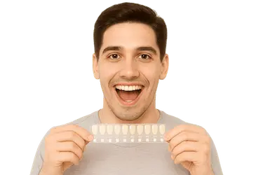 Joven comparando su sonrisa con una guía de colores para blanquear los dientes