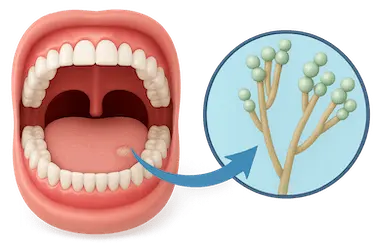 Candidiasis oral en boca 3D con hongo ampliado, causa frecuente de mal sabor de boca
