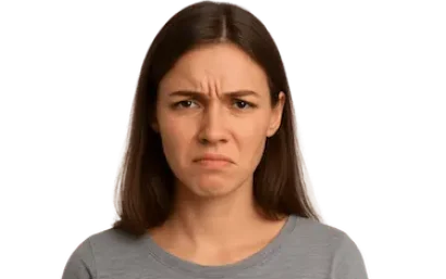 Mujer con gesto de mal sabor de boca, síntoma frecuente de halitosis o problema oral