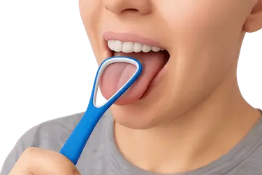 Raspador lingual utilizado para limpiar la lengua y reducir bacterias causantes del mal sabor