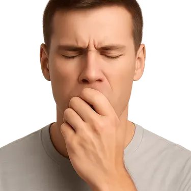 Hombre con gesto de malestar oral y sensación de mal sabor de boca frecuente