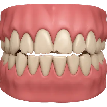 Persona con bruxismo apretando la mandíbula, mostrando el desgaste dental y la tensión en encías