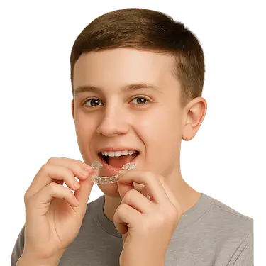Niño colocando alineador transparente para corregir dientes con ortodoncia invisible