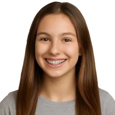 Niña con brackets estéticos y sonrisa alineada en tratamiento de ortodoncia infantil