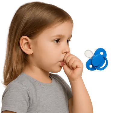 Niña chupándose el dedo junto a un chupete, hábito oral que puede afectar la mordida