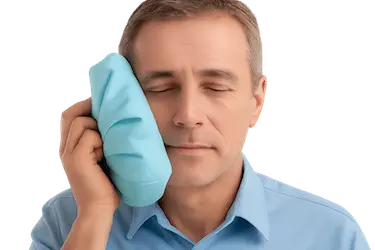 Hombre con compresa fría en la mejilla tras una exodoncia dental durante el postoperatorio