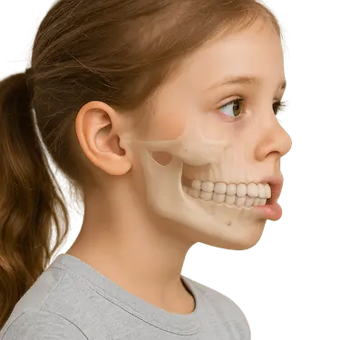 Perfil óseo de una niña con mandíbula retrasada que afecta a la mordida y al equilibrio facial