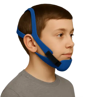 Niño con mentonera utilizada para frenar o redirigir el crecimiento mandibular