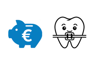 Precio de ortodoncia infantil en Madrid con icono de hucha y diente con brackets
