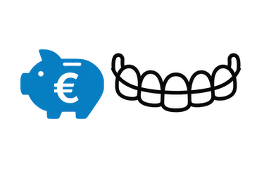 Iconos de hucha azul con símbolo de euro y retenedor dental que representan su precio en Madrid