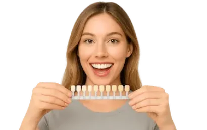 Mujer joven mostrando guía de tonos dentales tras un blanqueamiento dental en Murcia