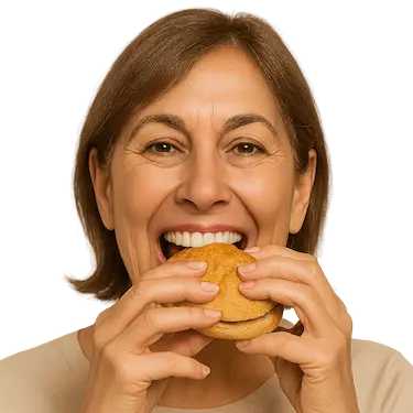 Mujer sonriendo tras implantes dentales de carga inmediata, recuperando masticación funcional