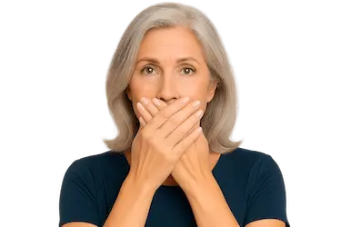 Mujer cubriéndose la boca por miedo al dolor antes de una cirugía dental en Murcia