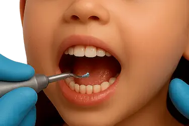 Niña en limpieza dental profesional para prevenir caries infantiles en Clínica Dental Medics Madrid
