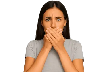 Joven tapándose la boca con miedo antes de un empaste dental en clínica del Dr. Ferrer en Madrid