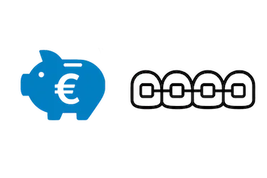 Iconos de hucha azul con símbolo de euro y brackets estéticos que representan el precio en Madrid