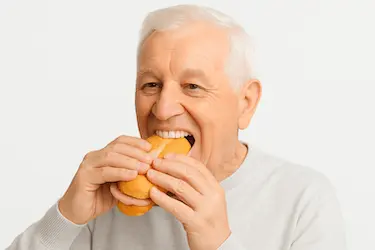 Persona mayor comiendo un bocadillo con dentadura postiza para recuperar la función masticatoria