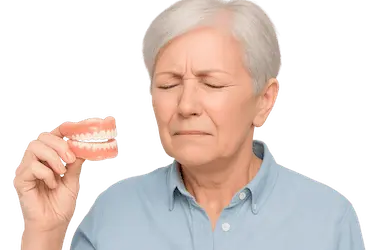 Mujer mayor con expresión de molestia al sostener una dentadura postiza