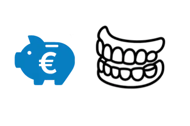Precio de una dentadura postiza completa en Madrid con iconos de prótesis dental y hucha azul