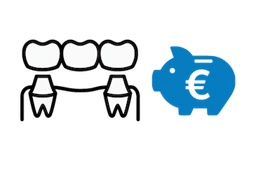 Precio del puente dental sobre diente en Murcia con iconos de prótesis y hucha azul