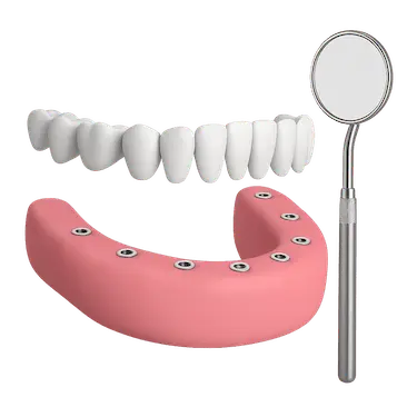 Prótesis dental fija junto a espejo odontológico para revisión profesional