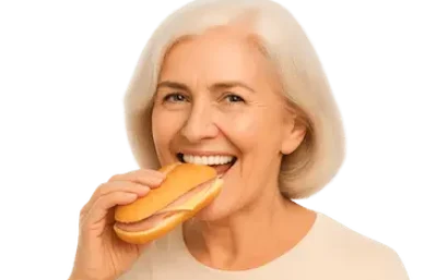 Mujer mayor disfrutando de la comida gracias a una prótesis dental fija de porcelana