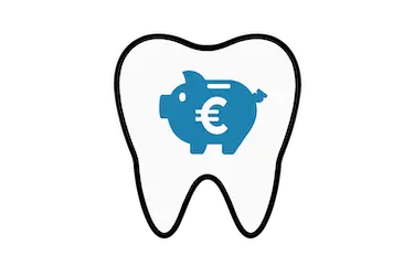 Precio de corona sobre implante dental representado con diente y hucha azul