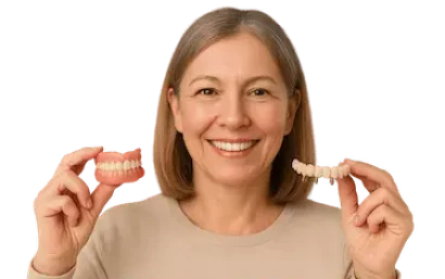 Mujer comparando dentadura postiza con prótesis con implantes dentales en Murcia