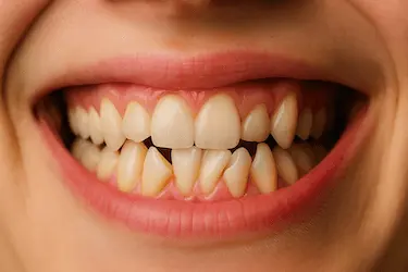 Dientes muy apiñados y rotados, ejemplo de apiñamiento dental severo