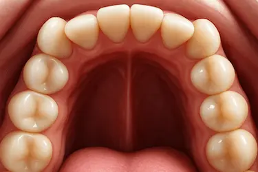 Vista superior 3D de arcada infantil con apiñamiento dental por falta de espacio en el maxilar