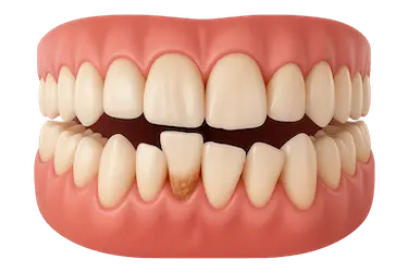 Dientes torcidos con sarro acumulado que dificulta la higiene bucal por apiñamiento dental