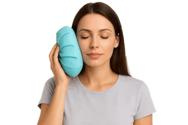 Mujer aplicando frío en la mejilla para aliviar inflamación durante una urgencia dental