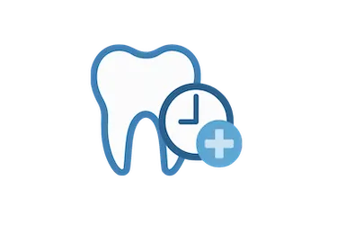 Icono azul de urgencia dental con reloj y diente para acudir rápido al dentista en Madrid