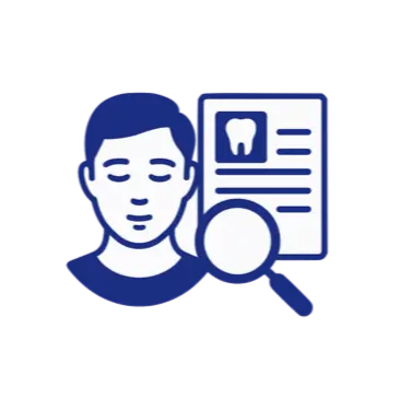 Icono de dentista revisando historia clínica dental con lupa para diagnóstico personalizado