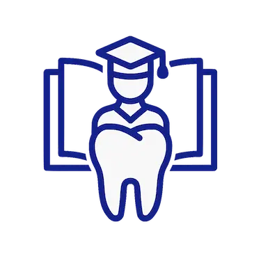 Icono de profesional con birrete y diente sobre libro como símbolo de formación continua