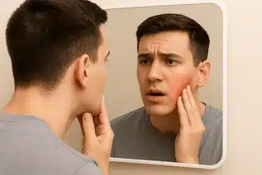 Hombre joven con mejilla inflamada tocando un flemón dental frente al espejo con gesto de dolor