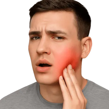 Hombre con inflamación facial y dolor de muela que requiere urgencia dental en Madrid