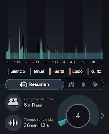 Registro de ronquidos y apnea del sueño en app con tiempo roncando y calidad del descanso
