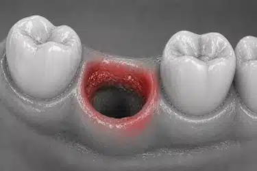Encía inflamada y enrojecida tras extracción dental con signos de alveolitis