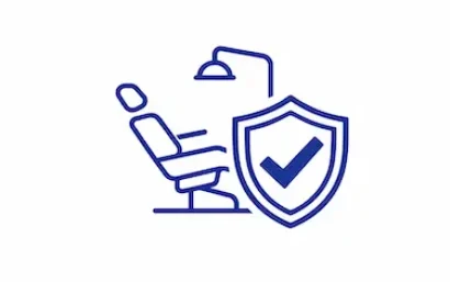 Icono de clínica dental de confianza con sillón odontológico y escudo de seguridad