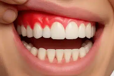 Encías superiores inflamadas y sangrantes, signo visible de periodontitis avanzada