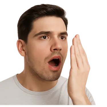 Persona sacando la lengua con signos visibles de halitosis o mal aliento oral