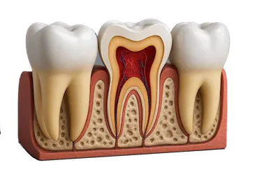 Imagen 3D de diente con inflamación del tejido pulpar que requiere tratamiento de endodoncia
