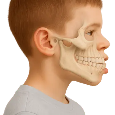Perfil óseo de un niño con mandíbula adelantada que muestra una relación dental alterada