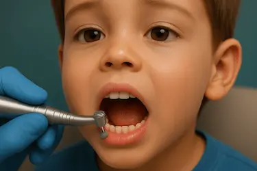 Niño durante limpieza dental con instrumental odontológico en Clínica Dental Medics Murcia