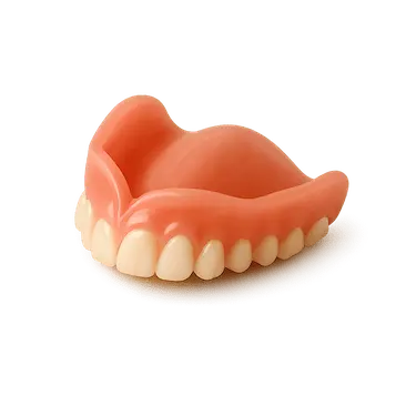 Prótesis dental removible superior con base rosada y dientes completos tipo dentadura postiza